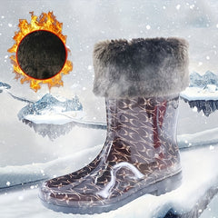 Women's Plush Lined Mid Calf Boots Waterproof Thermal Fluffy Fur Slip On Shoes