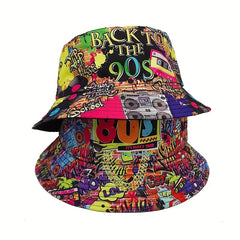 Retro 90S Print Bucket Hat Magnetic Strap Sun Hat Beach Basin Hat