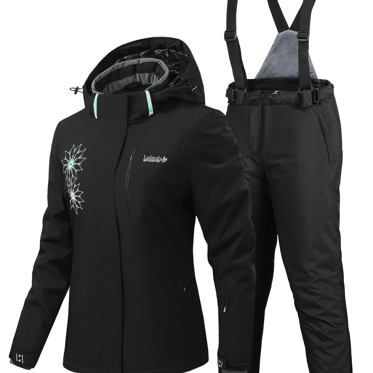 Snowflake Print Ski Set Long Sleeve Hooded Jacket & Suspender Trouser