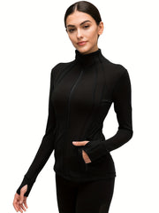 Sporty Long Sleeve Turtle Neck Workout Jacket with Zip Pockets
