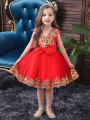Girls Sequin Embroidery Mesh Princess Dress for Piano Performance Wedding