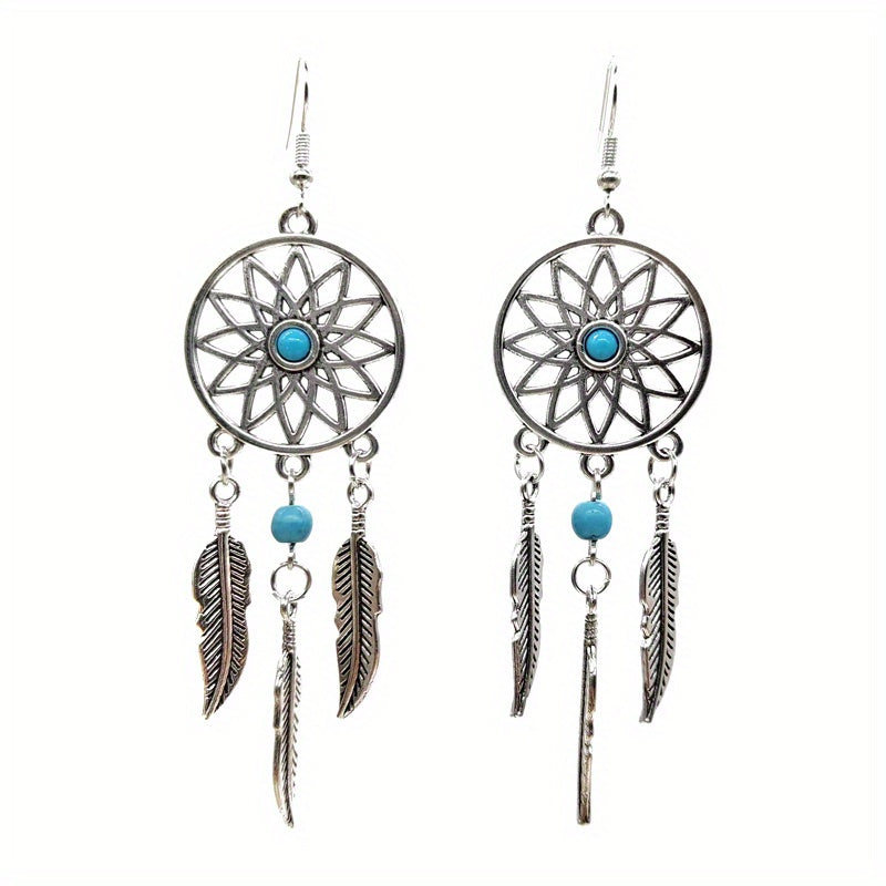 Feather Pine Stone Dream Catcher Earrings Vintage Ear Jewelry