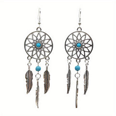 Feather Pine Stone Dream Catcher Earrings Vintage Ear Jewelry