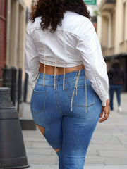  Women's High Rise Hollow Out Denim Jeans
