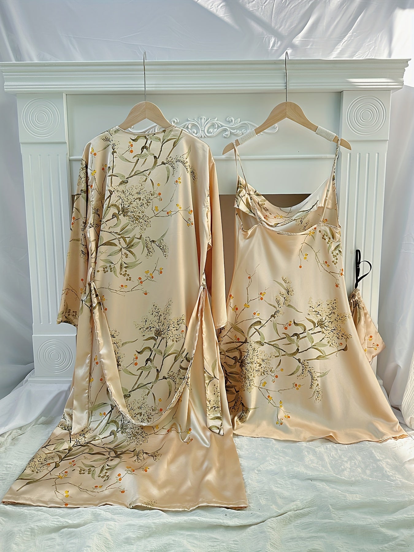 Floral Print Pajama Set & Robe Long Sleeve Sleepwear