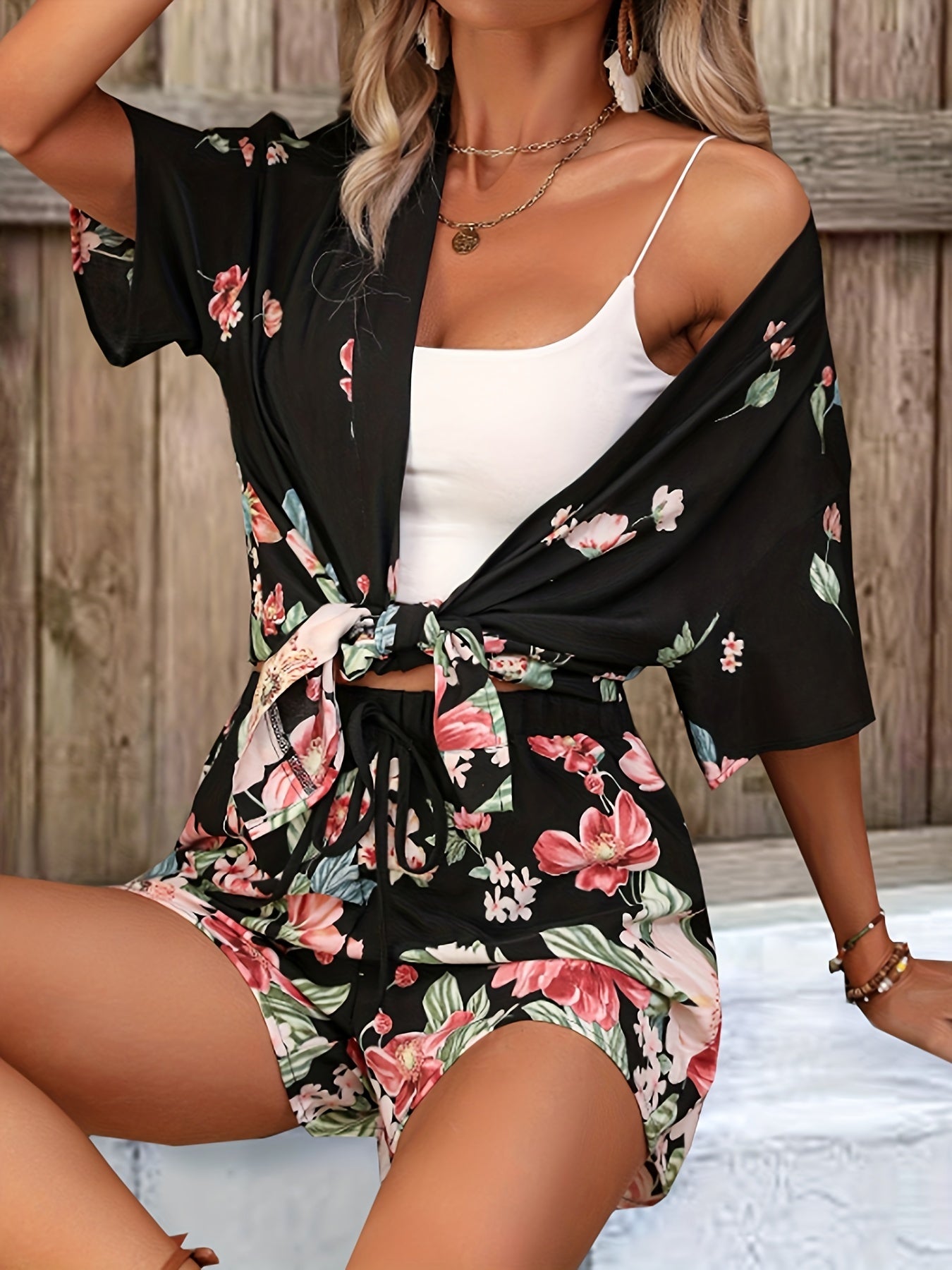 Floral Print Kimono & Shorts Set