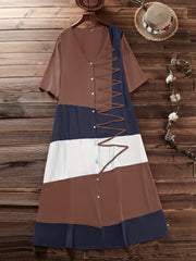  Colorblock Button Up V Neck Tee Dress