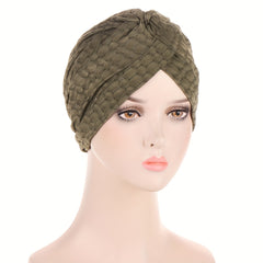 Top Knot Embossed Turban Cap Solid Pleated Head Wrap - Elastic Beanie Head Scarf