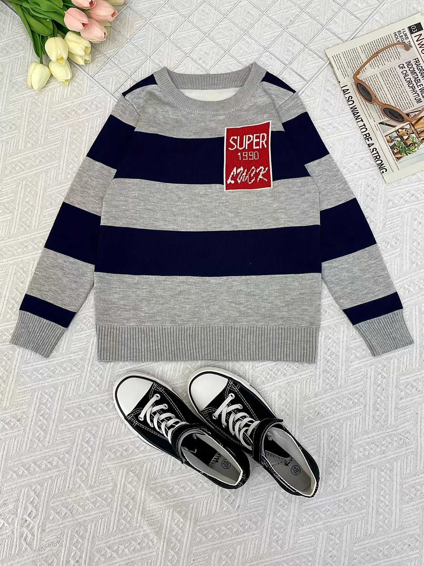 Boys Casual Striped Sweater Round Neck Long Sleeve Warm Knit Pullover Top