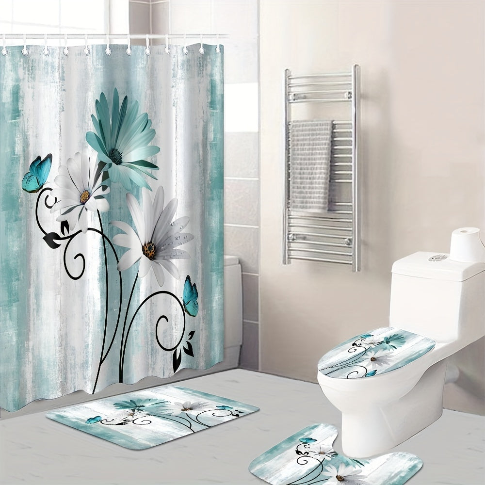 Waterproof Shower Curtain with Flower Pattern Bathroom Rug Set