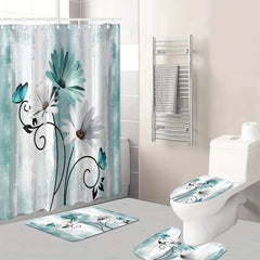 Waterproof Shower Curtain with Flower Pattern Bathroom Rug Set