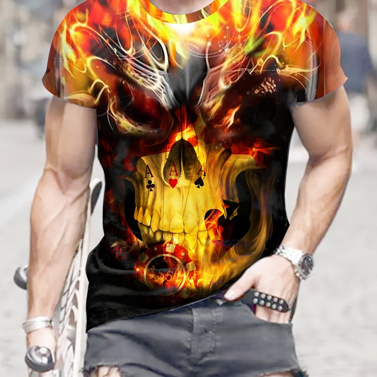 3D Burning Skull Print Men's Short Sleeve T-shirt Graphic Tee