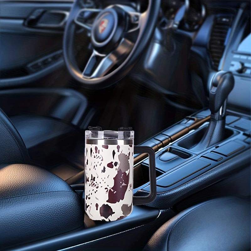 40oz Cow Print Insulated Tumbler with Handle & Straw Lid
