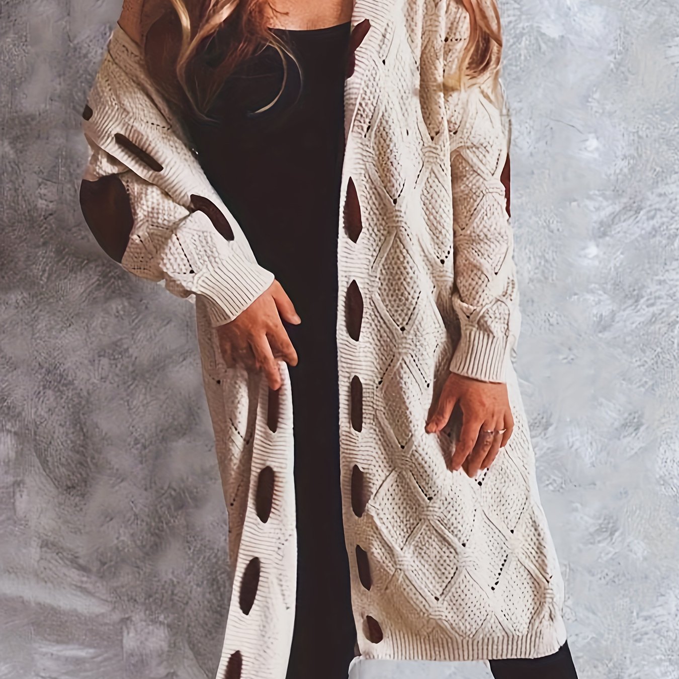  Solid Pointelle Long Sleeve Hooded Open Front Sweater Cardigan