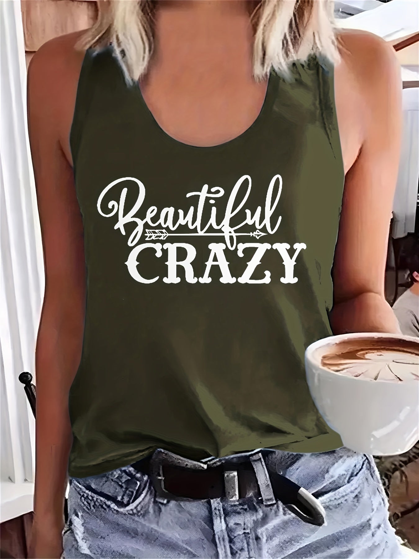 Letter Print Scoop Neck Sleeveless Tank Top