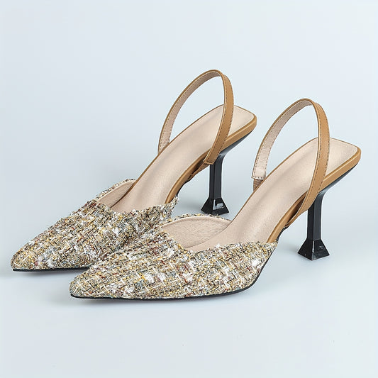 Women's Tweed Slingback High Heels Pointed Toe Slip On Stiletto Heels