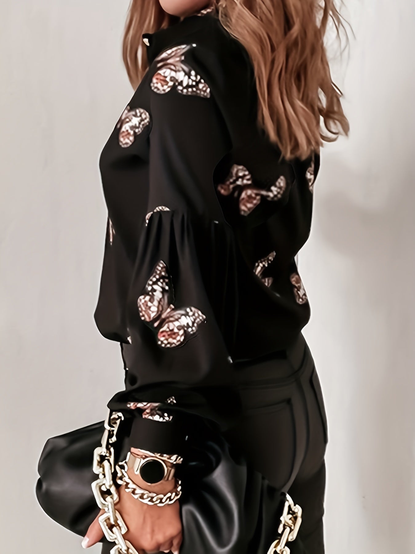  Butterfly Print Lantern Sleeve Button Up Shirt