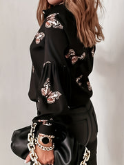  Butterfly Print Lantern Sleeve Button Up Shirt