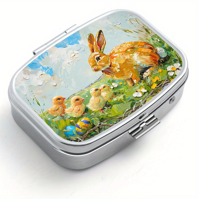Easter Bunny Print Pill Organizer 2 Compartment Metal Case for Travel & Outdoor