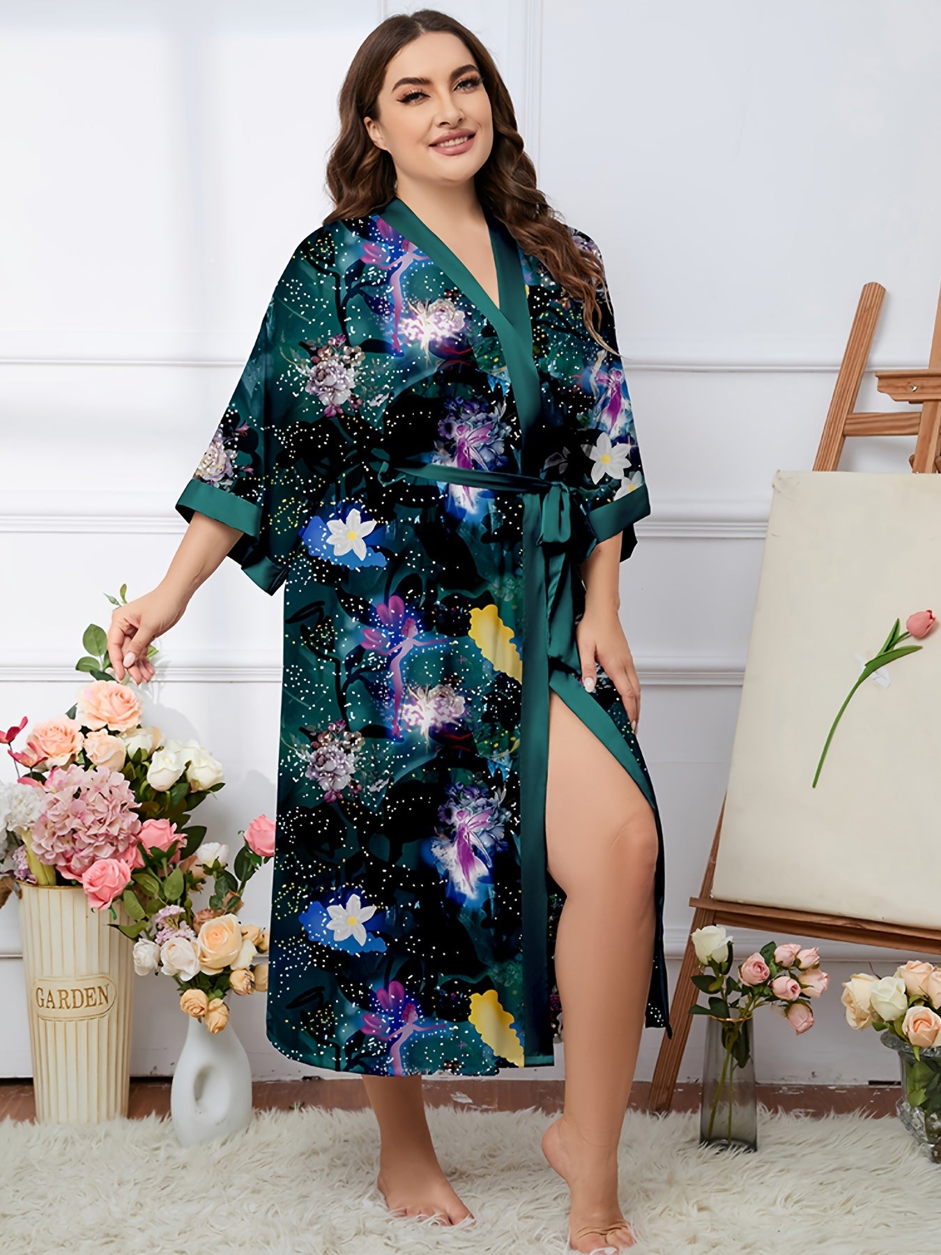  Casual Robe Women's Plus Floral Print Belted V Neck Dressing Gown