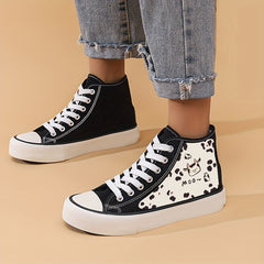 Cow Print Chunky Canvas Sneakers High Top Skate Shoes