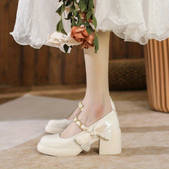 Women's Chunky Heeled Mary Jane Patent Leather Chain Strap Bowknot Shoes
