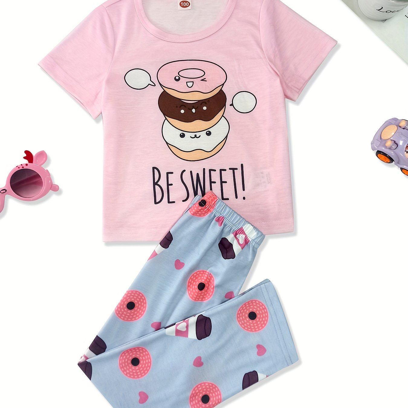 Toddler Girls Pajamas Set Cartoon Print Short Sleeve Top & Matching Pants