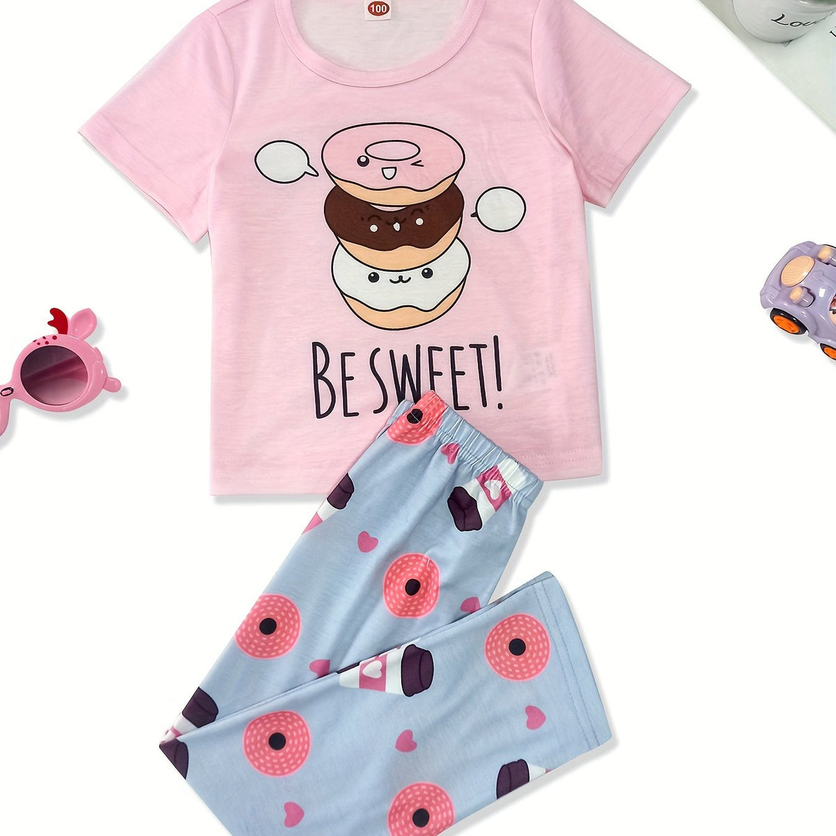 Toddler Girls Pajamas Set Cartoon Print Short Sleeve Top & Matching Pants