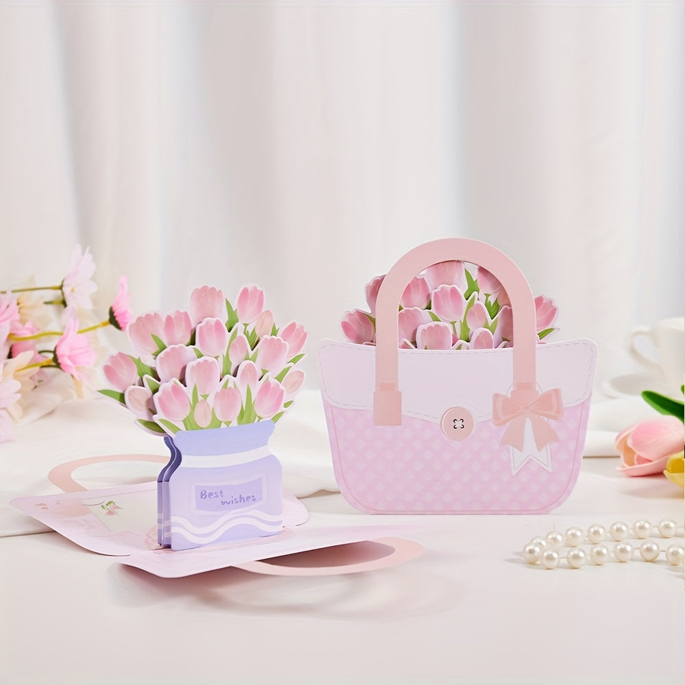 3D Pop Up Tulip Flower Basket Greeting Card with Envelope