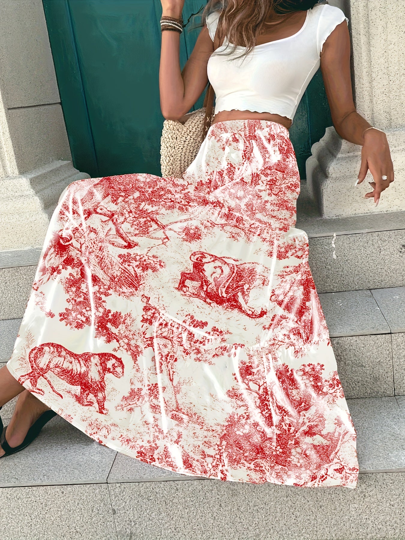 Plus Size Boho Skirt Women's Plus Painting Print Elastic High Rise Maxi Skirt