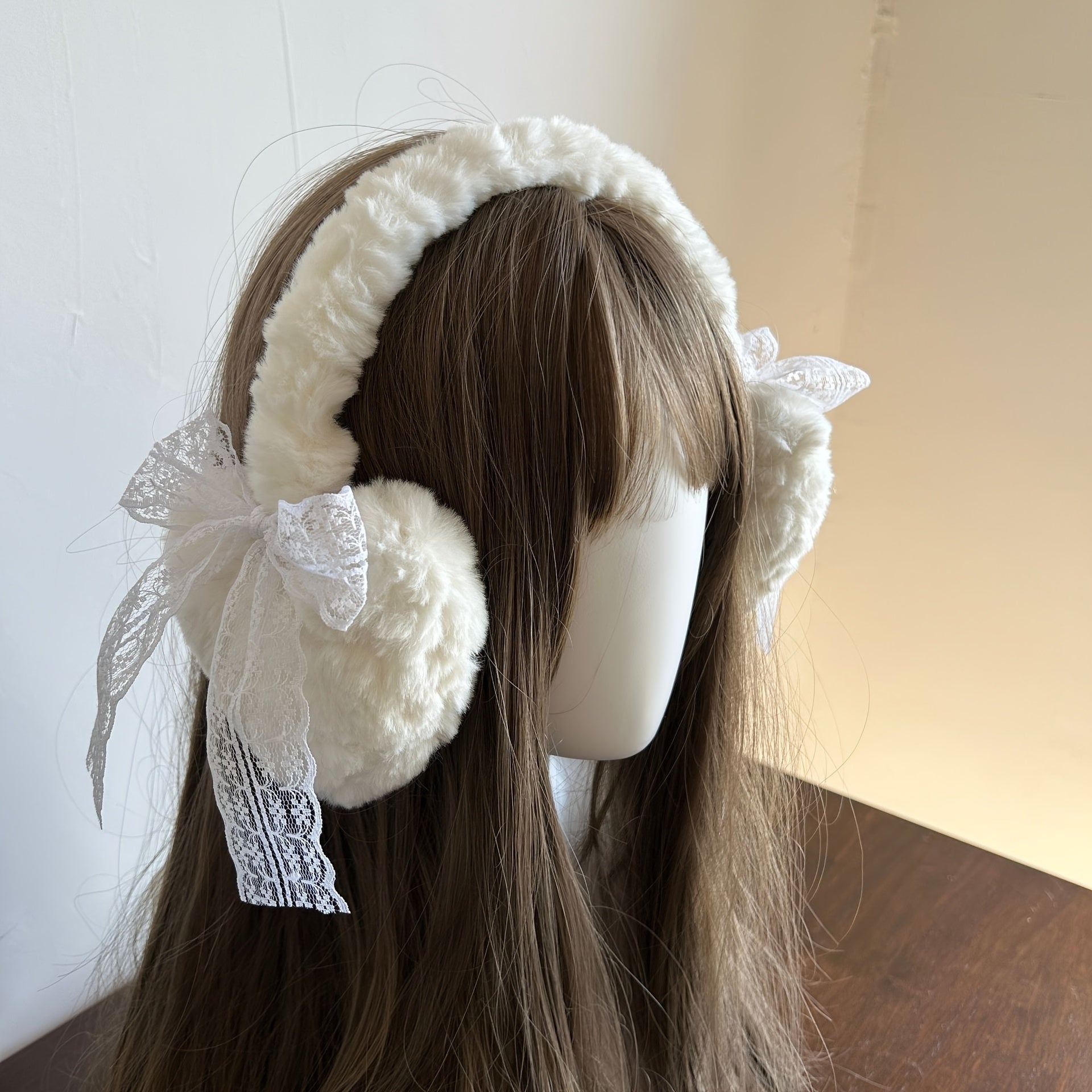 Japanese Style Winter Ear Muffs Fluffy Bow & Lace Trim Ear Warmers
