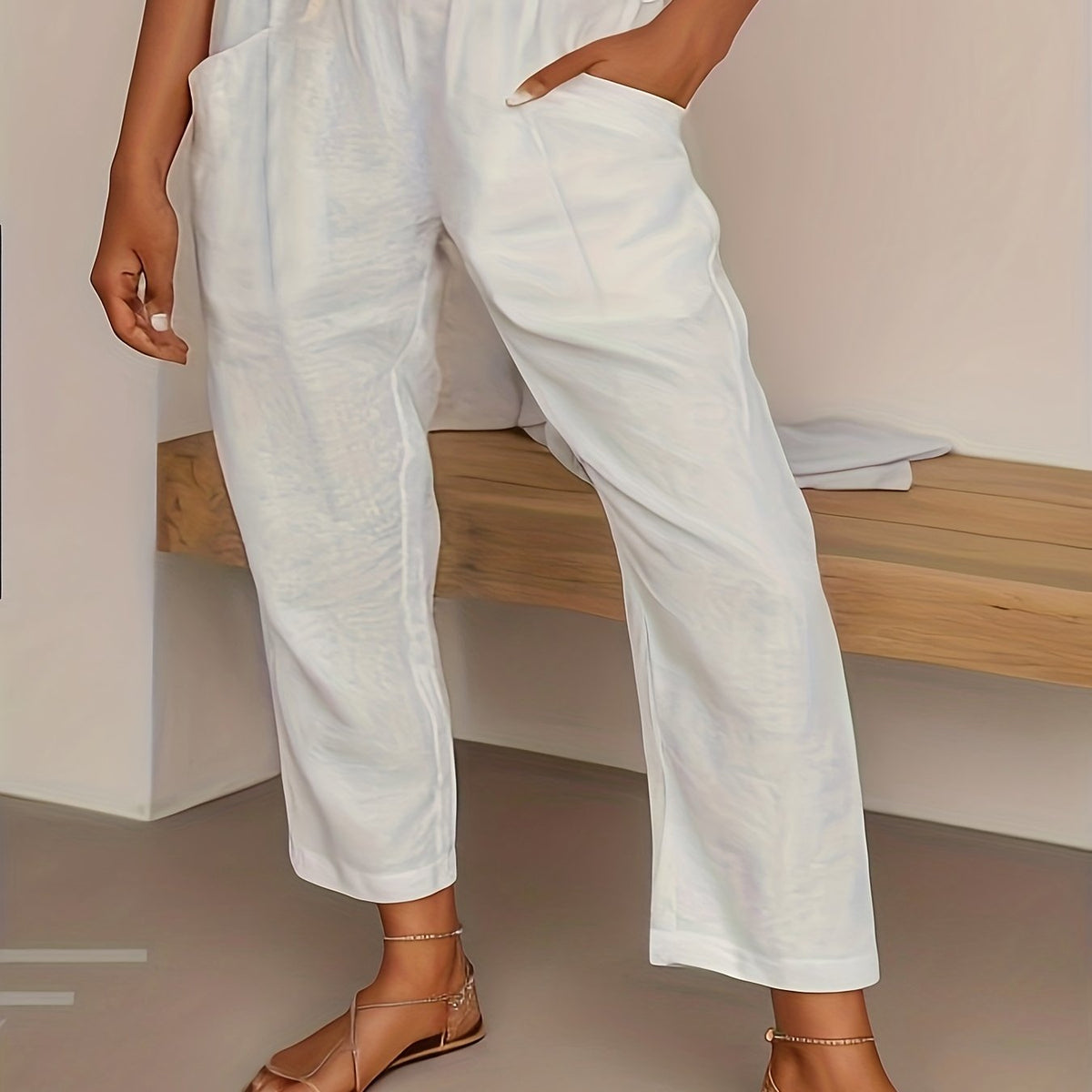  Solid Wide Leg Cropped Pants With Pockets