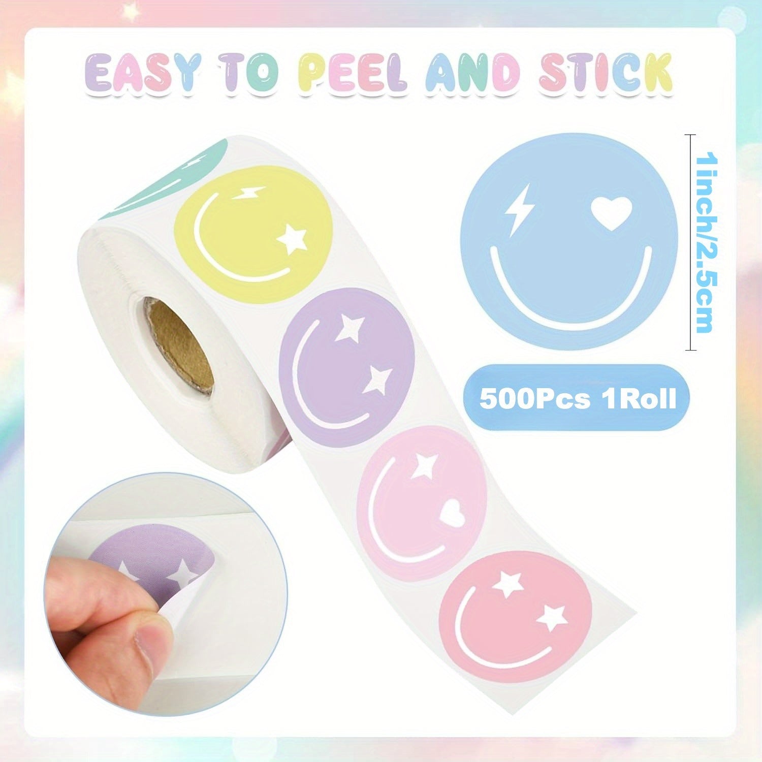 500pcs Pastel Smile Face Sticker Roll - Colorful Reward Labels