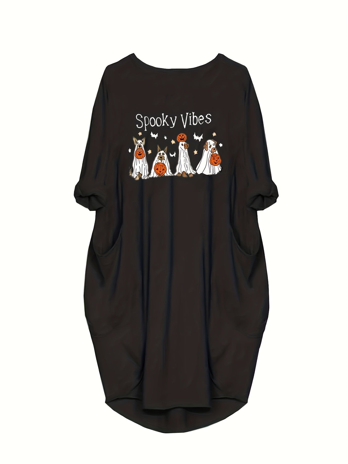  Halloween Dress Women's Plus Ghost Print Long Sleeve Round Neck Dress