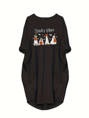  Halloween Dress Women's Plus Ghost Print Long Sleeve Round Neck Dress