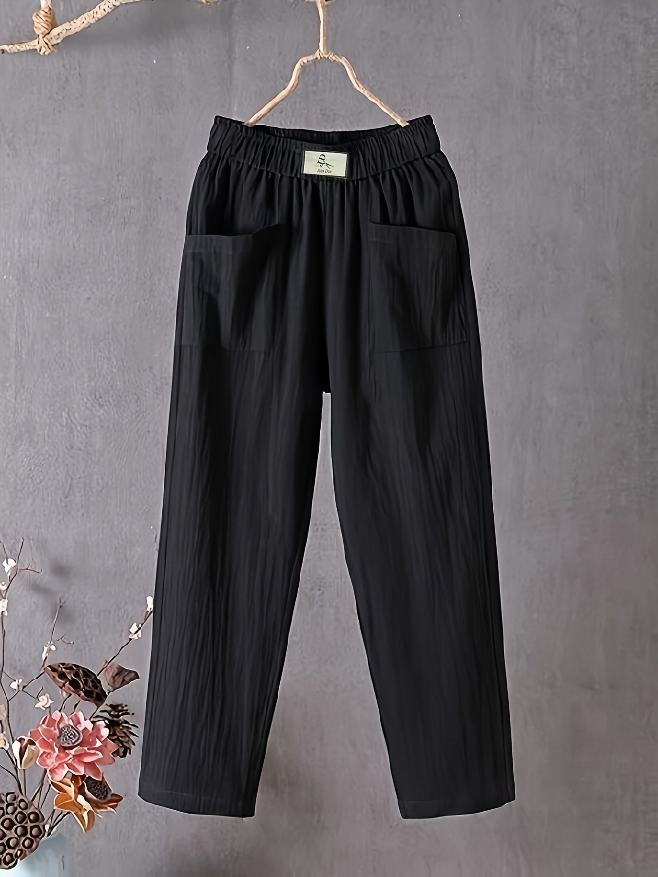  Solid Elastic Waist Casual Pants with Pockets