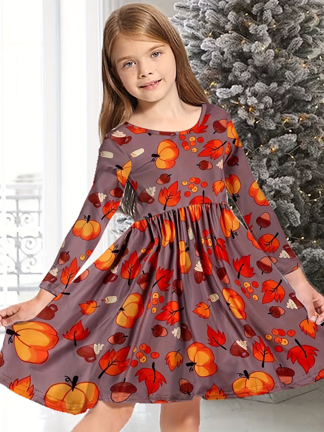 Girls Casual Autumn Flower Print Crew Neck Long Sleeve Dress