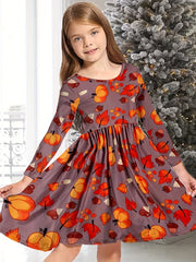 Girls Casual Autumn Flower Print Crew Neck Long Sleeve Dress