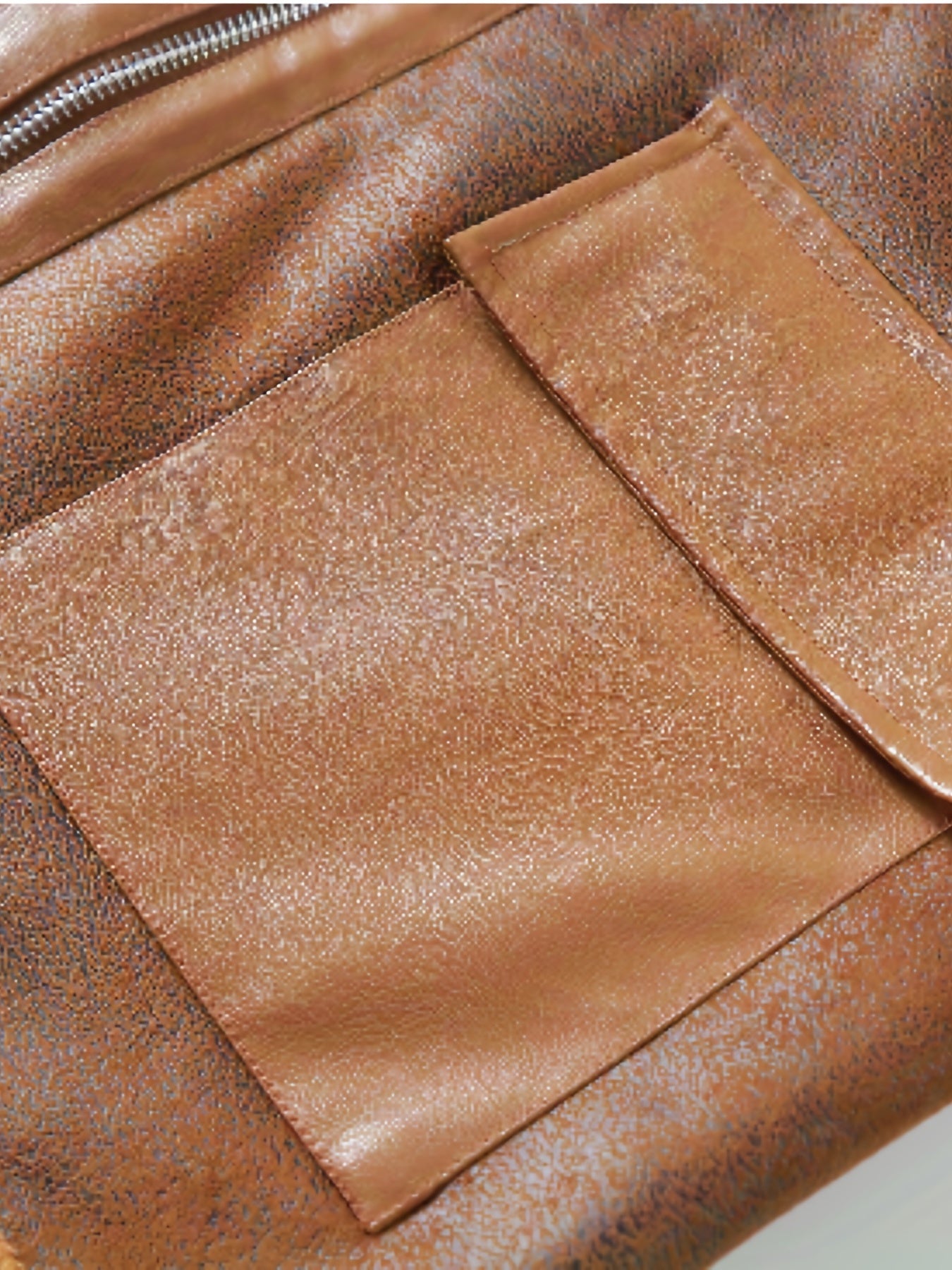 Men's Fleece PU Biker Jacket Zip Up Lapel Leather Jacket