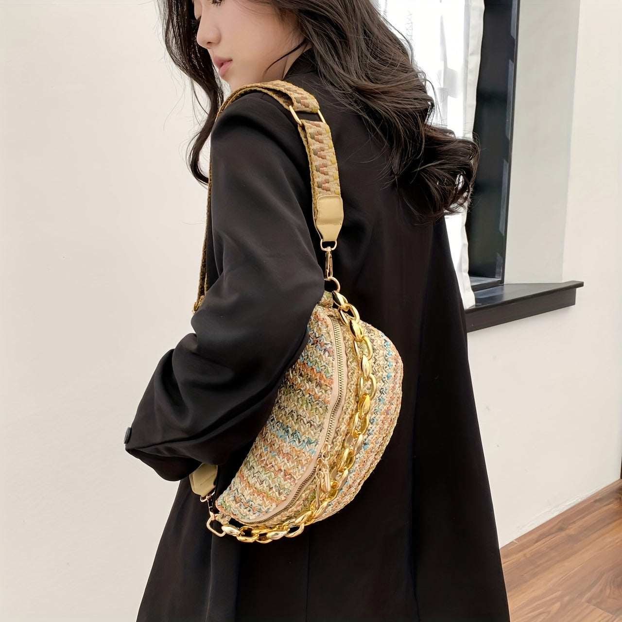 Straw Woven Waist Bag Boho Style Crossbody Bag Colorblock Stripes Chest Purses