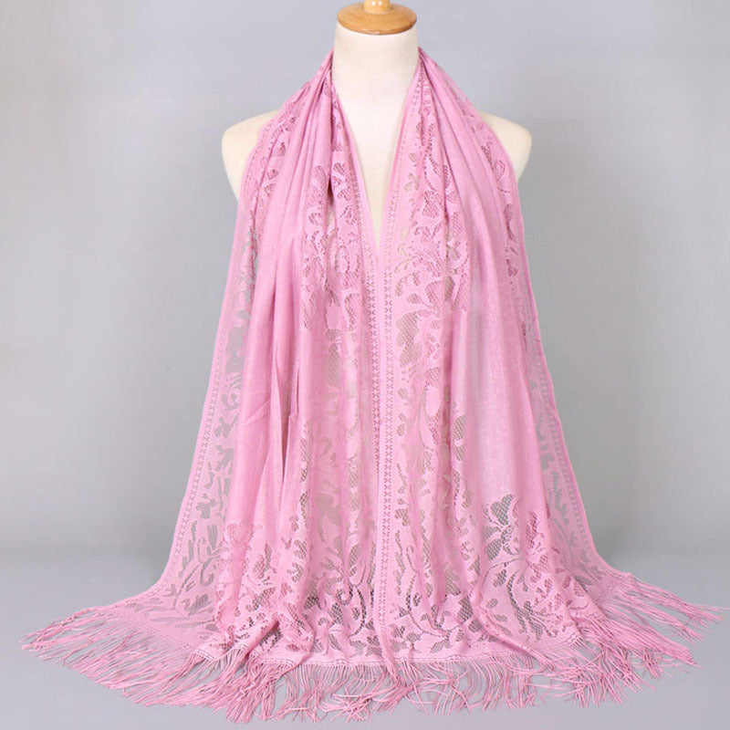 Floral Lace Scarf Shawl With Tassels Soft Mesh Fringe Wraps