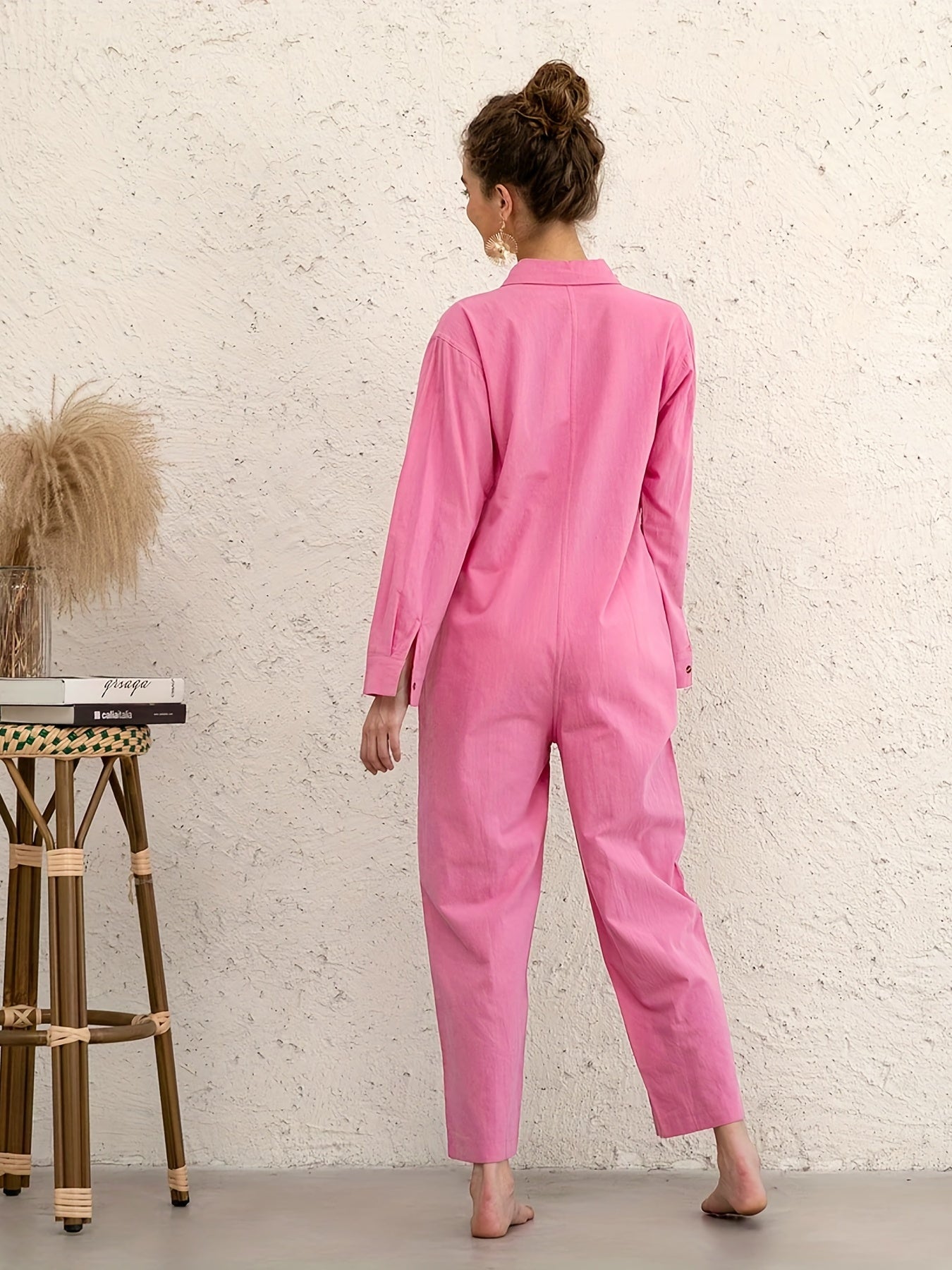  Solid Button Up Long Sleeve Jumpsuit