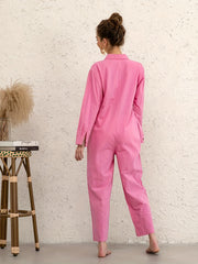  Solid Button Up Long Sleeve Jumpsuit