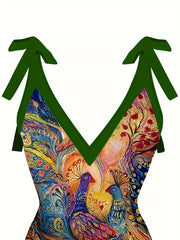  Peacock Print One Piece Swimsuit & Cover Up Skirt Set