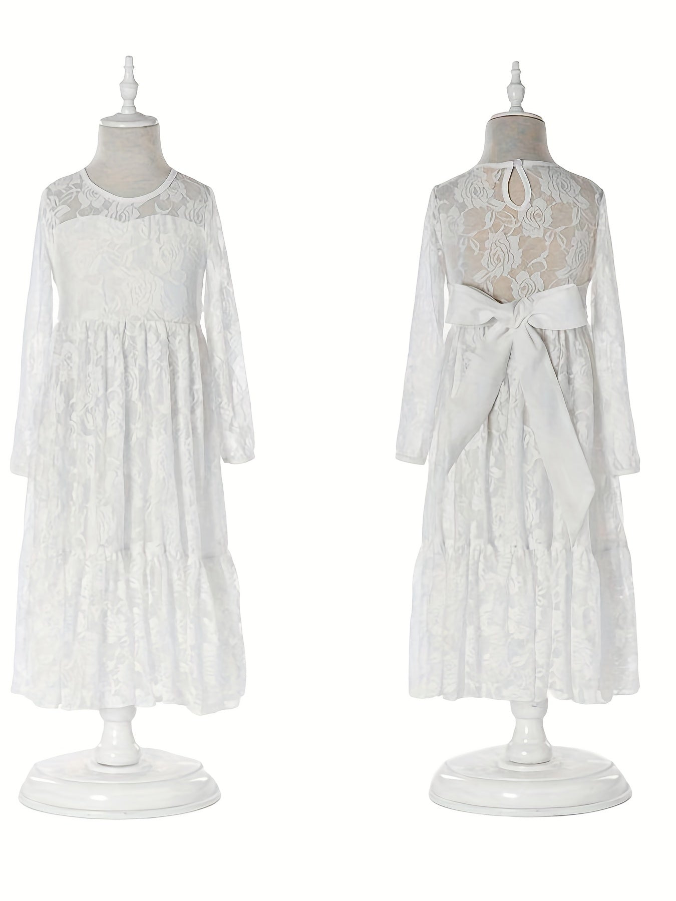 Kid Girls Long Sleeve Lace Belt Dress For 2-14 Years