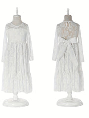 Kid Girls Long Sleeve Lace Belt Dress For 2-14 Years
