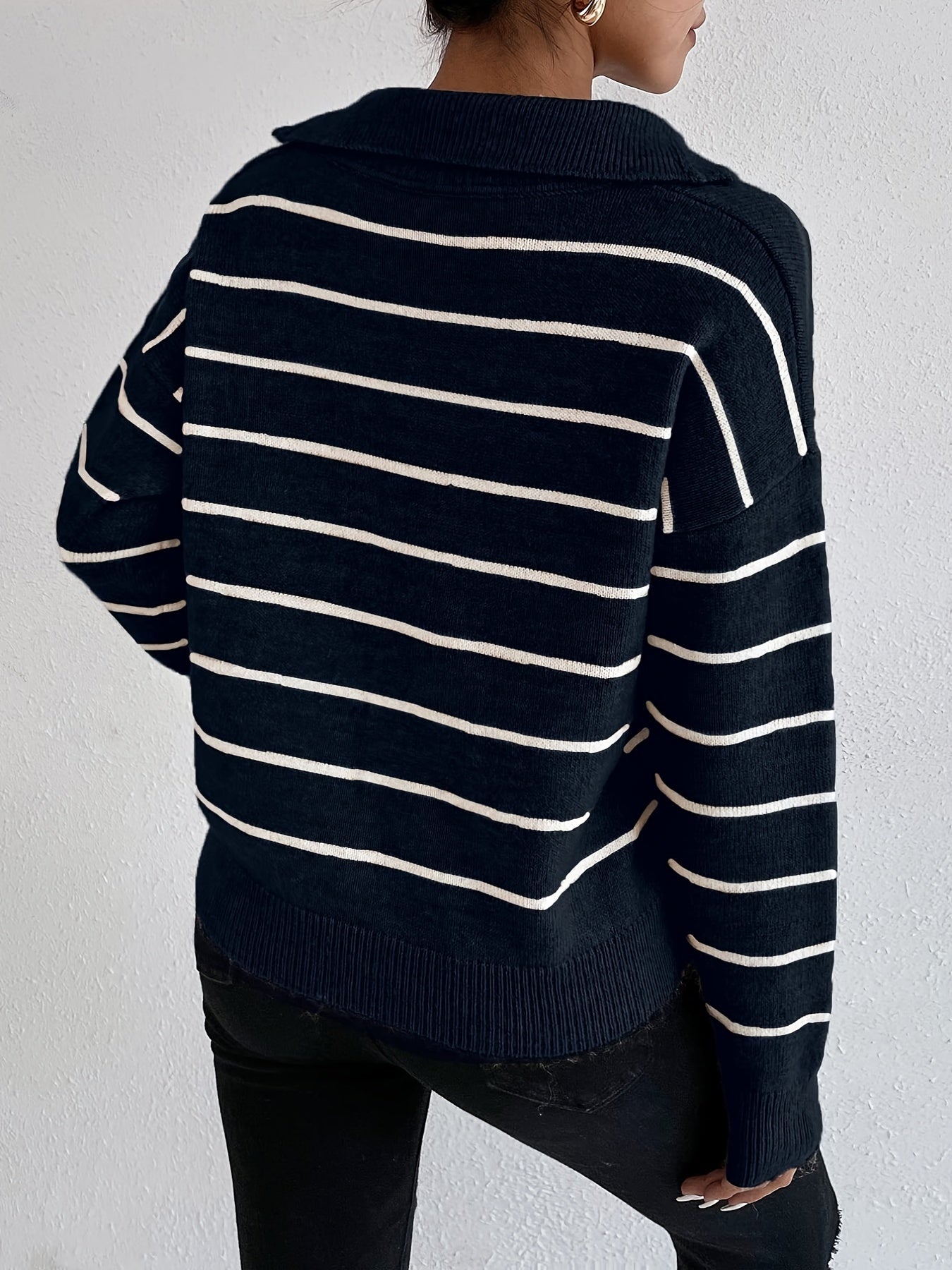  Striped Knitted Long Sleeve Polo Neck Pullover Jumper