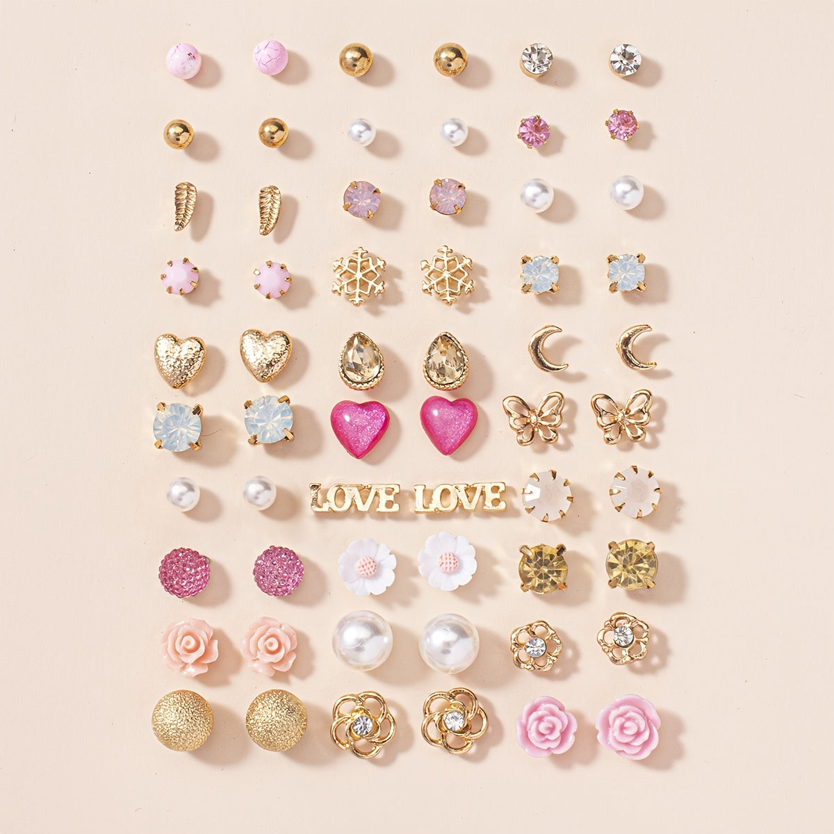 30 Pairs Assorted Stud Earrings Set with Zircon and Flower Designs