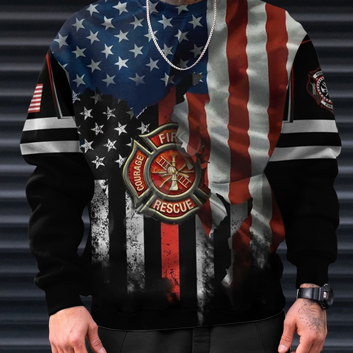 Flag Pattern 3D Print Crew Neck Sweatshirt Men's Casual Pullover Sweatshirt