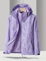 Women's Leaf Print Ski Jacket, Waterproof Soft Shell Hooded Snow Coat
